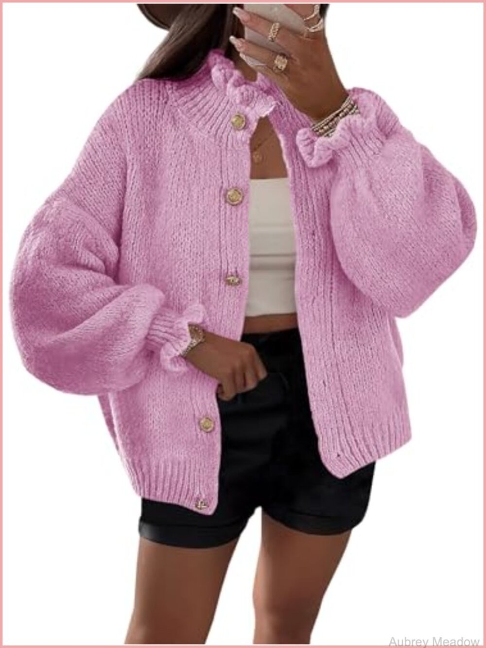Ruffle Cardigan Oversized Button Up Ribbed Knit Open Front Long Sleeve